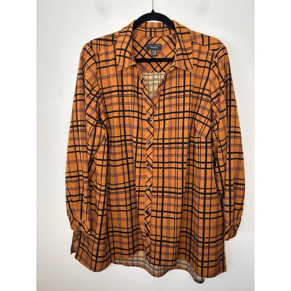 Susan Graver Tops - Susan Graver Women Top Tunic Weekend Plaid Amber Black Button Down Size 1XLP